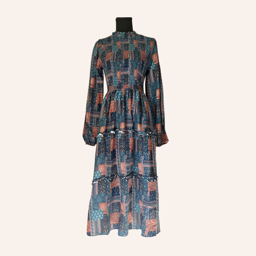 boho patchwork smocked midi dress teal rust navy long sleeve fall